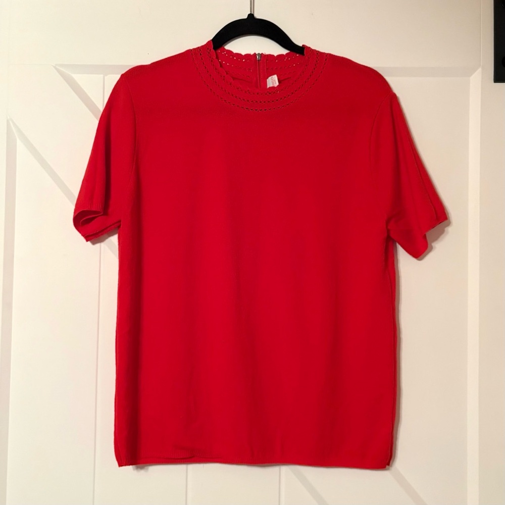Vintage Red Short Sleeve Knit Top Crochet Neck Retro Medium